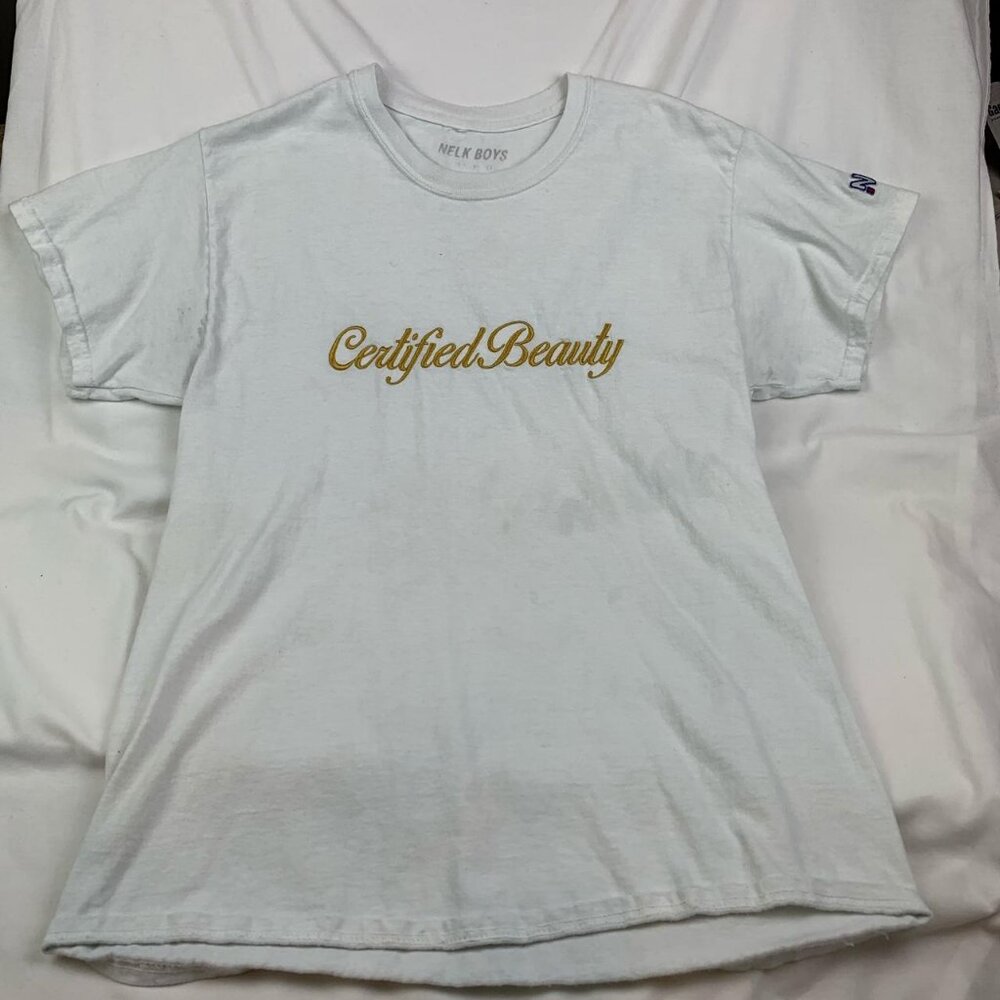 Authentic OG vintage nelkboys certified beauty embroidered gold script logo Med.